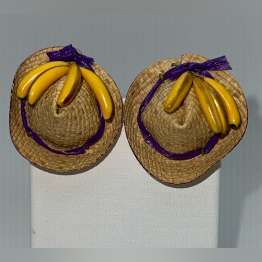 Vintage straw hat 3D banana bunch West German made clip on earrings tropical